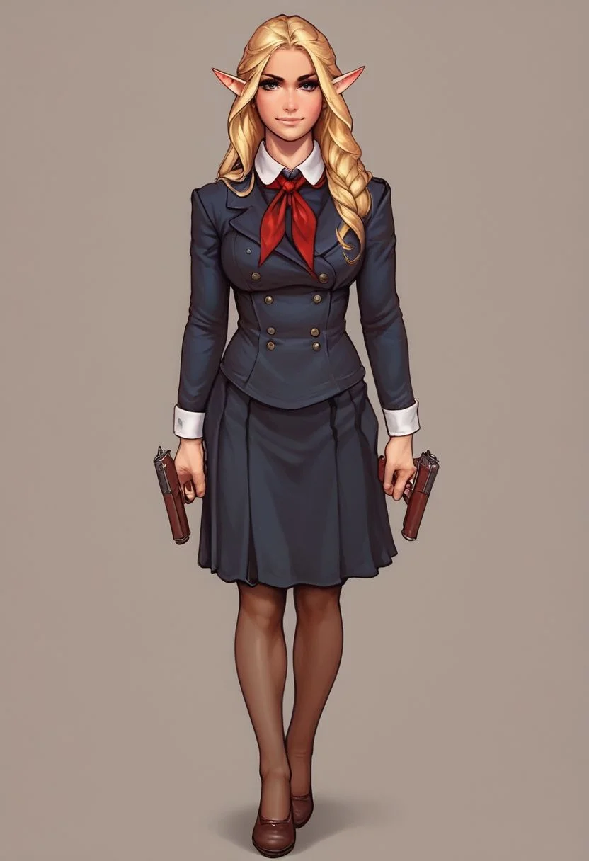 score_9, score_8_up, score_7_up, score_6_up, cute female elf, pale skin, soviet school uniform, long blonde brand hair, realistic, cinematic angle, cinematic lighting, fit body, cute face, brightness blue eyes, action shot
BREAK
in a pose with a gun, with big pistol
BREAK
source_cartoon, rating_explicit, Expressiveh, full body, dynamic pose