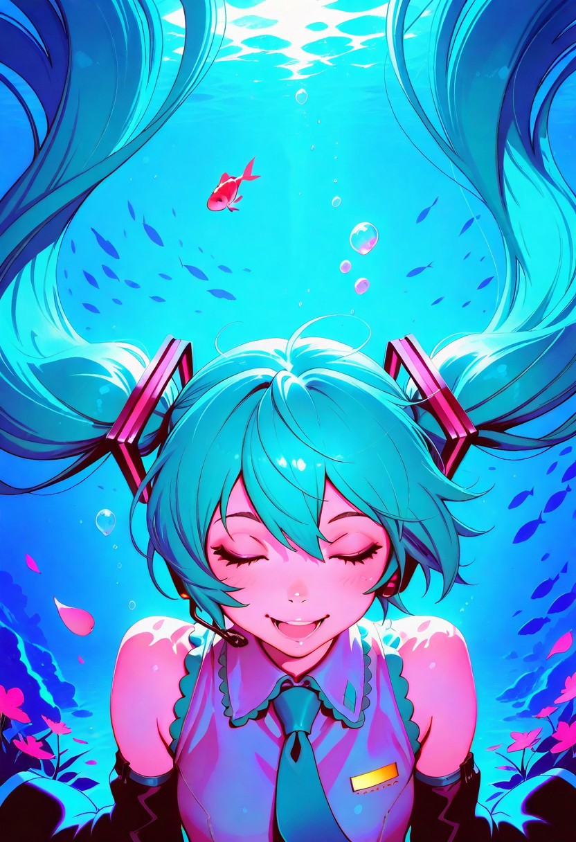 ilya kuvshinov,
masterpiece,best quality,amazing quality,
1girl,aqua hair,bubble,closed eyes,detached sleeves,fish,floating hair,hatsune miku,long hair,necktie,open mouth,petals,smile,solo,traditional media,twintails,underwater,very long hair,water,