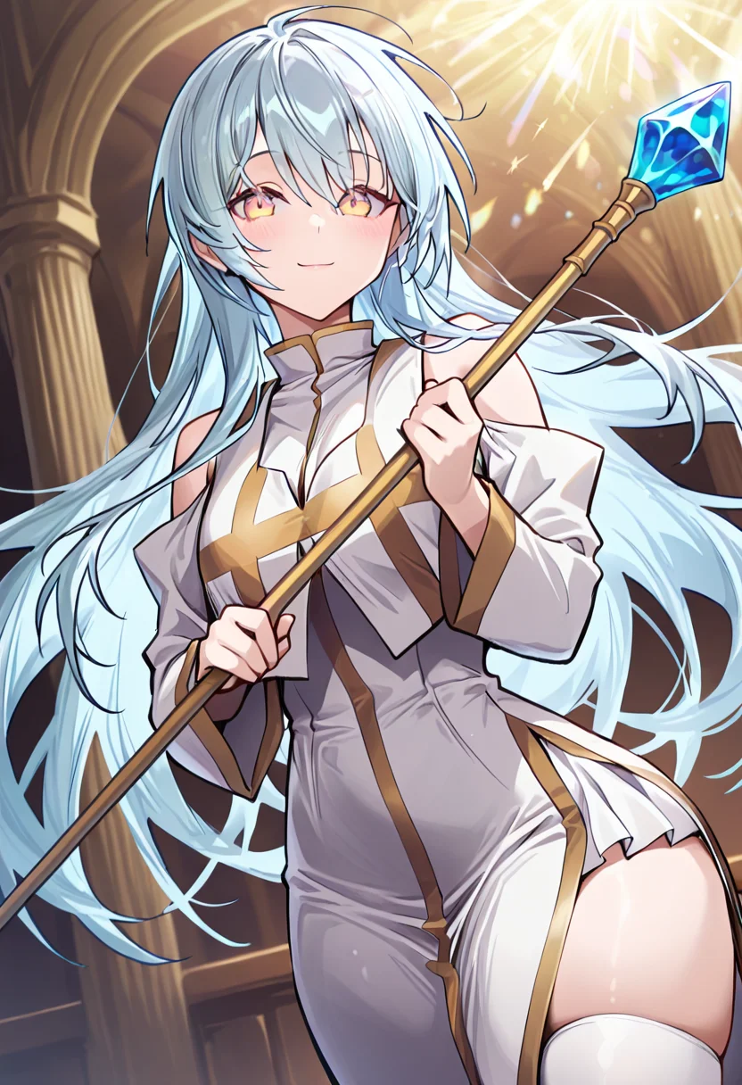 masterpiece,best quality,absurdres,perfect lighting,
*//*,<lora:CeciliaAquarain-Illustrious:1>,cecilia_aquarain,1girl,solo,long hair,blue hair,yellow eyes,white dress,shoulder cutout,long sleeves,side slit,white skirt,white thighhighs,staff, holding staff, gem,
*//*,looking at viewer,cowboy shot,dutch angle,dynamic pose,light smile,