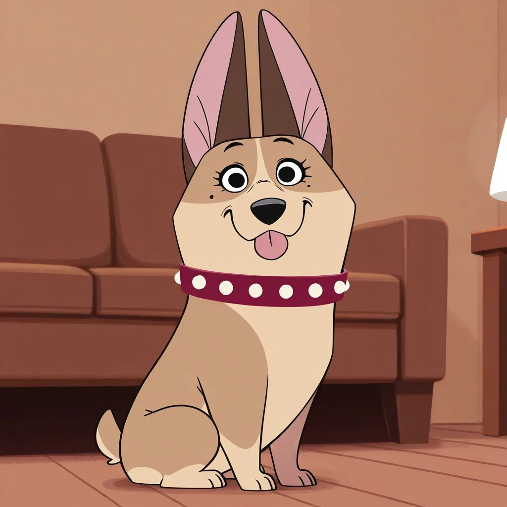 Clarissa(101), Solo, 1girl, feral, dog, Welsh Corgi, tan fur, brown ears, black eyes, mole under eye, black nose, short tail, red collar, looking at viewer, full body, tongue out, sitting, living room background