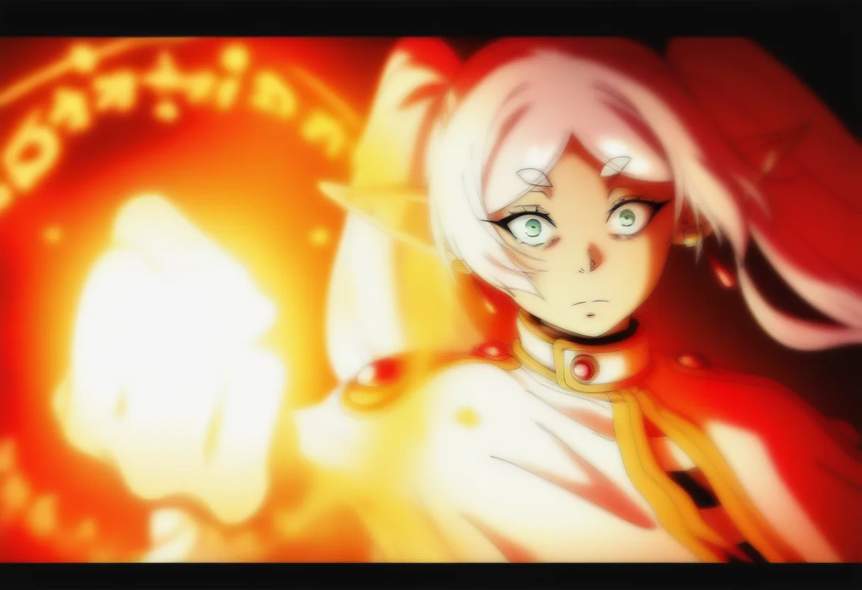 anime screencap,
memehollowpurple, meme, serious, 1girl, Constricted Pupils, solo, long hair, looking at viewer, long sleeves, closed mouth, jewelry, twintails, green eyes, upper body, white hair, earrings, pointy ears, parted bangs, capelet, thick eyebrows, elf, clenched hand, gold trim, short eyebrows, magic, white capelet, magic circle, dangle earrings, casting spell, frieren, shirt, expressionless, glowing, shaded face, high collar, red gemstone, drop earrings
masterpiece, best quality, highres, very aesthetic