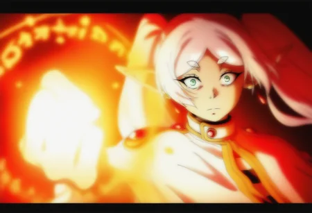 anime screencap,
memehollowpurple, meme, serious, 1girl, Constricted Pupils, solo, long hair, looking at viewer, long sleeves, closed mouth, jewelry, twintails, green eyes, upper body, white hair, earrings, pointy ears, parted bangs, capelet, thick eyebrows, elf, clenched hand, gold trim, short eyebrows, magic, white capelet, magic circle, dangle earrings, casting spell, frieren, shirt, expressionless, glowing, shaded face, high collar, red gemstone, drop earrings
masterpiece, best quality, highres, very aesthetic