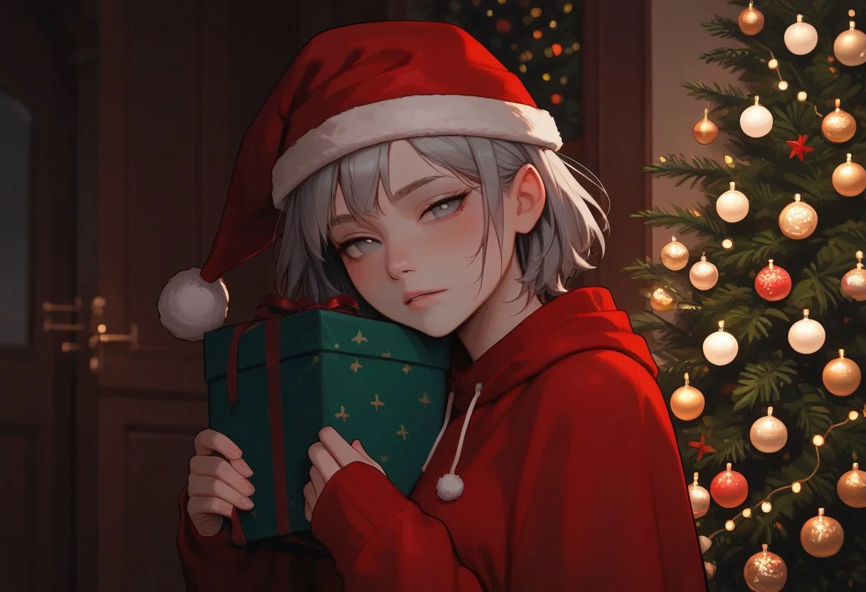 masterpiece, best quality, wallpaper, highly detailed, score_9, score_8_up, score_7_up, score_6_up, source_anime, (score_9, score_8_up, score_7_up), (vivid colours), g0thicPXL,
BREAK
1girl, dynamic pose,blush, big ass,(short messy silver hair), bangs,pale skin, medium breast, sexy face, glowing light,excited, dynamic view, holding a mistletoe in his hand,young, perfect body, fair skin, sexy face,((dark circles under eyes)),((messy silver hair)), grey eyes,tired face,((Santa Claus hat)),sweater overside,green christmas sweater costume,green swater with withe decoration,sweaty,
motion line,Christmas tree,gifts,Christmas,Christmas party, warm light