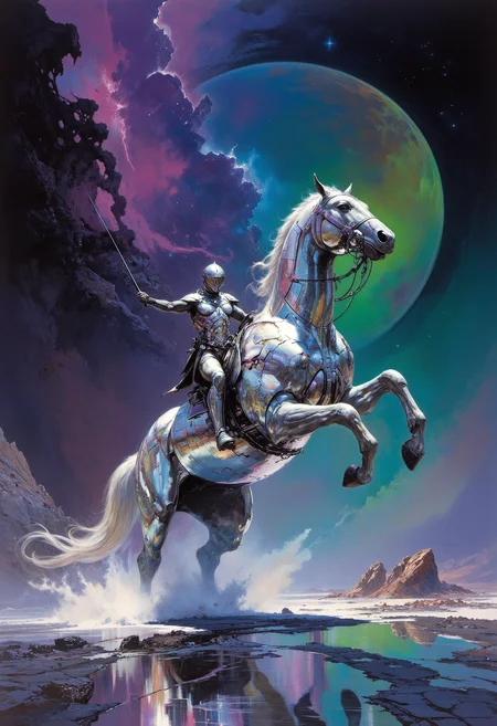 A futuristic warrior riding a massive mechanical horse made entirely of mirrors. The warriorâs armor is composed of holographic shards that shift in color and reflect the surrounding landscape in dazzling fragments. The horse gallops across a shimmering, reflective surface that stretches infinitely in all directions, like a liquid mirror. Above, a vast nebula swirls in vibrant hues of purple, blue, and green, casting surreal reflections across the mirrored terrain. The entire scene is bathed in a glowing, otherworldly light, as the horse and rider appear to be racing through both space and time.   <lora:artisketchyfs-v02:0.83> <lora:FLUXRetroSciV3:0.53> RetroSci style, <lora:flux.1_lora_flyway_Epic-Characters_v1:0.43> <lora:frazetta_flux_v2-000150:0.33> Frank Frazetta fantasy oil painting,