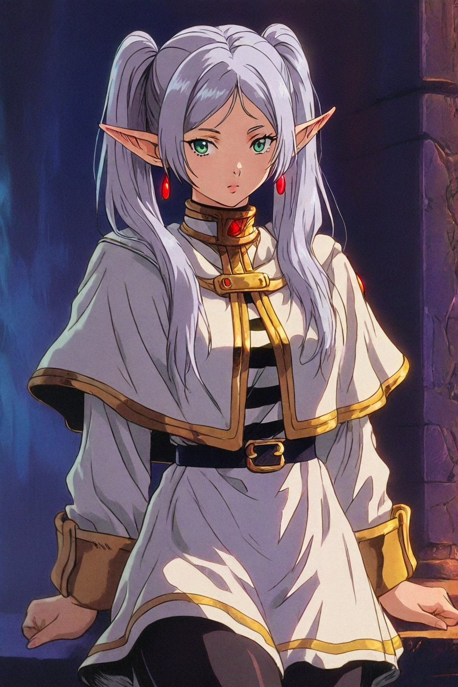 (frieren:0.2), long hair, twintails, green eyes, grey hair, pointy ears, elf, shirt, long sleeves, jewelry, pantyhose, earrings, striped, black pantyhose, capelet, striped shirt, skirt, white skirt, 1girl, solo, alone,  <lora:dark_fantasy_anime_illustriousXL:1>, dark_fantasy_style, dark fantasy, retro, masterpiece, highres