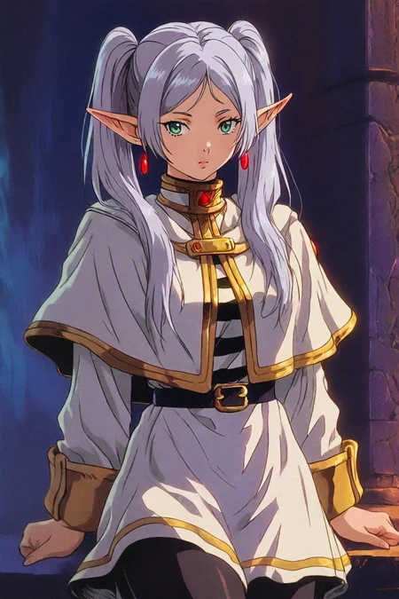 (frieren:0.2), long hair, twintails, green eyes, grey hair, pointy ears, elf, shirt, long sleeves, jewelry, pantyhose, earrings, striped, black pantyhose, capelet, striped shirt, skirt, white skirt, 1girl, solo, alone, <lora:dark_fantasy_anime_illustriousXL:1>, dark_fantasy_style, dark fantasy, retro, masterpiece, highres