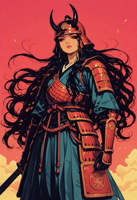 in the style of cksc, vibrant anime image, asian warrior woman, samurai helmet, long flowing hair, dark eyeshadow, plated red leather armour, dynamic