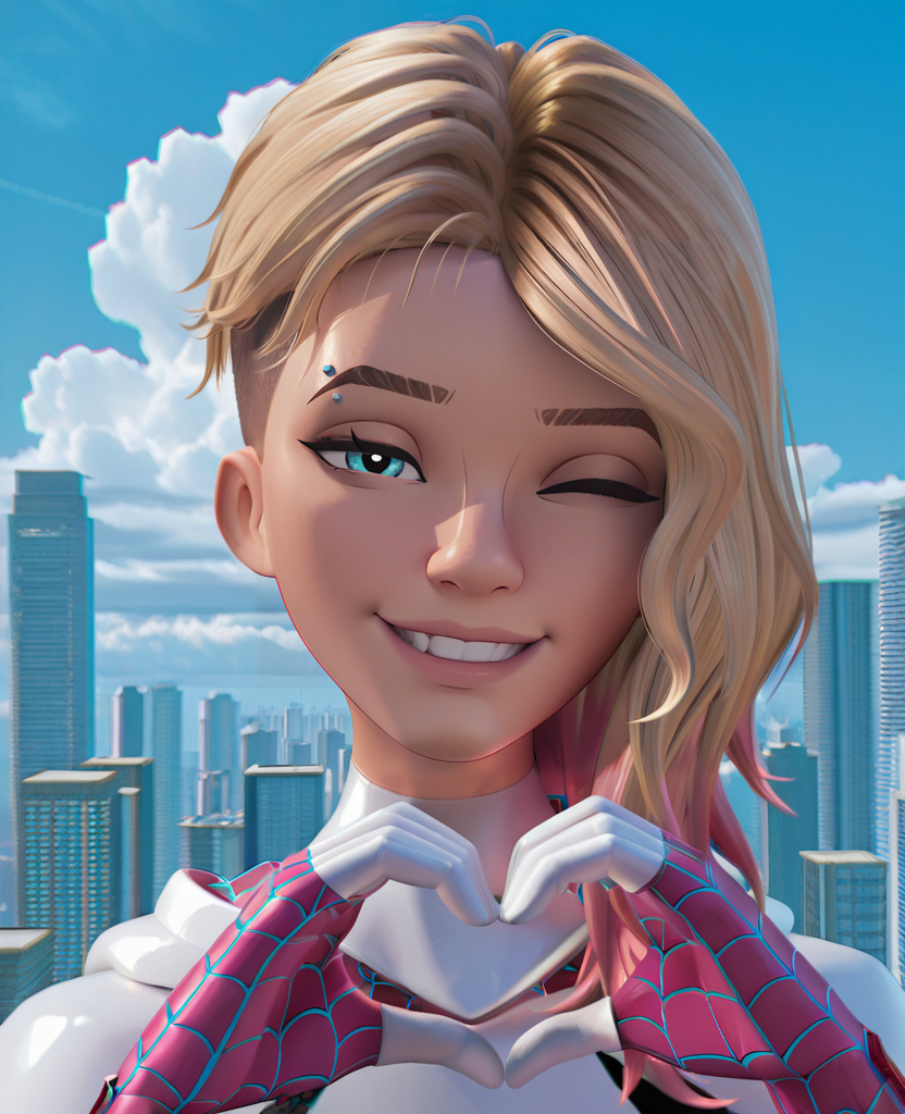 masterpiece, best quality, amazing quality, highres, absurdres, 3d, chromatic aberration, scenery, skyscraper,  clouds, sky, <lora:Gwen_Stacy_Spider_Verse_IILUS:0.8> , gwen1, 1girl, solo,  blue eyes, eyebrow piercing, blonde hair, asymmetrical hair, undercut, two-tone hair, pink hair, medium hair, skin tight,  bodysuit, superhero, spider web print, hood down, looking at viewer, portrait, smile, head tilt, half-closed eyes, one eye closed, smile, teeth