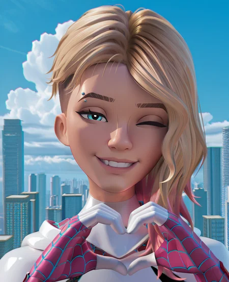 masterpiece, best quality, amazing quality, highres, absurdres, 3d, chromatic aberration, scenery, skyscraper, clouds, sky, <lora:Gwen_Stacy_Spider_Verse_IILUS:0.8> , gwen1, 1girl, solo, blue eyes, eyebrow piercing, blonde hair, asymmetrical hair, undercut, two-tone hair, pink hair, medium hair, skin tight, bodysuit, superhero, spider web print, hood down, looking at viewer, portrait, smile, head tilt, half-closed eyes, one eye closed, smile, teeth