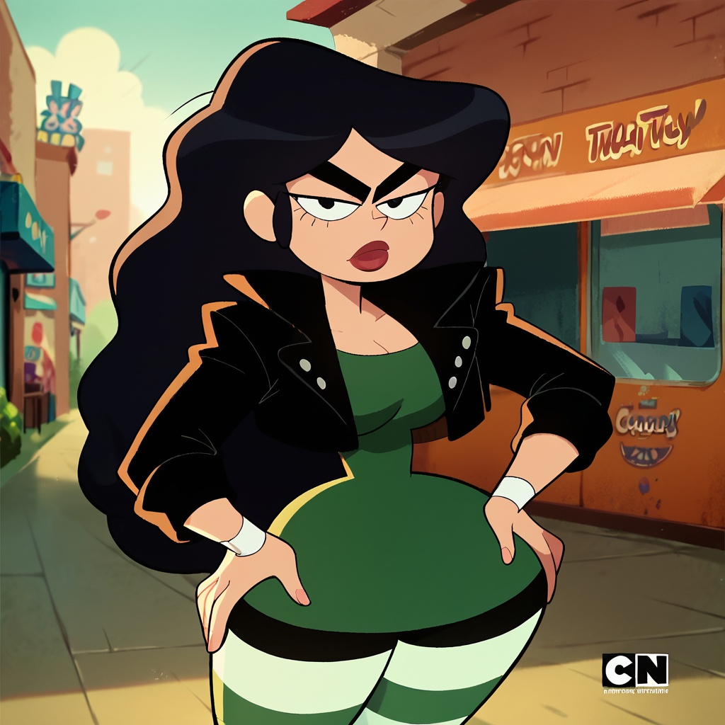 score_9, score_8_up, score_7_up, score_6_up, 1girl, black hair, long hair, thick eyebrows, jacket, striped thighhighs, lipstick, large breasts, narrow waist, wide hips, looking at viewer, fca style, toon \(style\), highres, high quality, masterpiece, <lora:Xochi_Jalapeno:1>