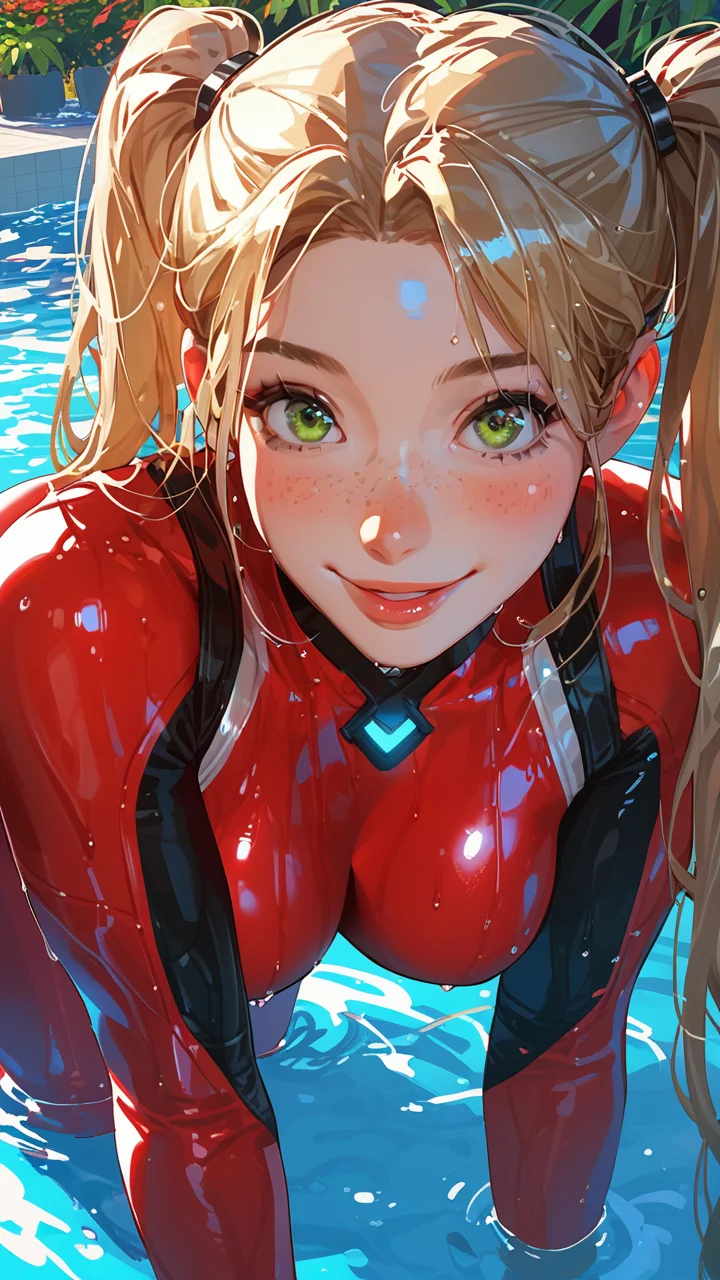 score_9, score_8_up, score_7_up, i want the whole image to be created in 3D anime style, 1girl, solo, long hair, breasts, looking at viewer, blush, smile, blonde hair, twintails, medium breasts, green eyes, water, lips, wet, bodysuit, all fours, freckles, wet hair, red bodysuit