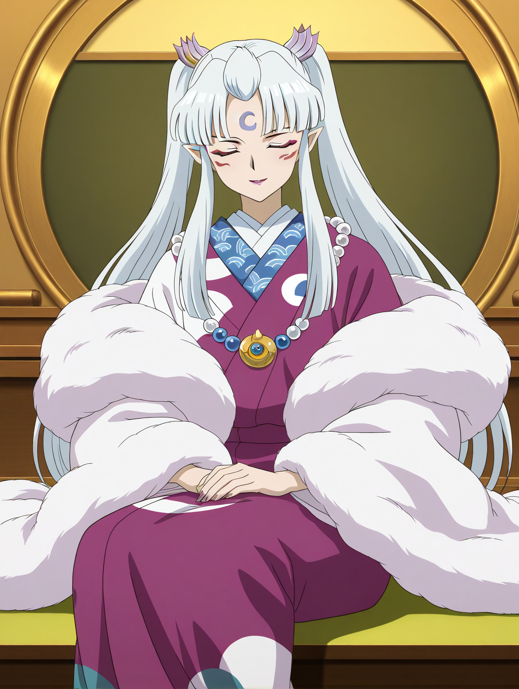 general,highres, ultra-detailed,very aesthetic,best quality ,best hands,  BREAK  <lora:Sesshomaru_no_Haha_IS:1>
Sesshomaru_no_Haha,pointy ears, japanese clothes, 1girl,solo, facial mark, kimono, white hair, long hair, 
 solo, closed eyes, sitting, parody, long sleeves
light smile,