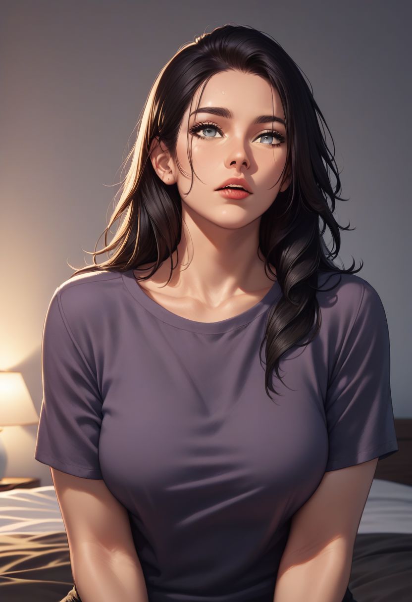 score_9, score_8_up, score_7_up, a1m333, woman, purple shirt, grey eyes , bedroom