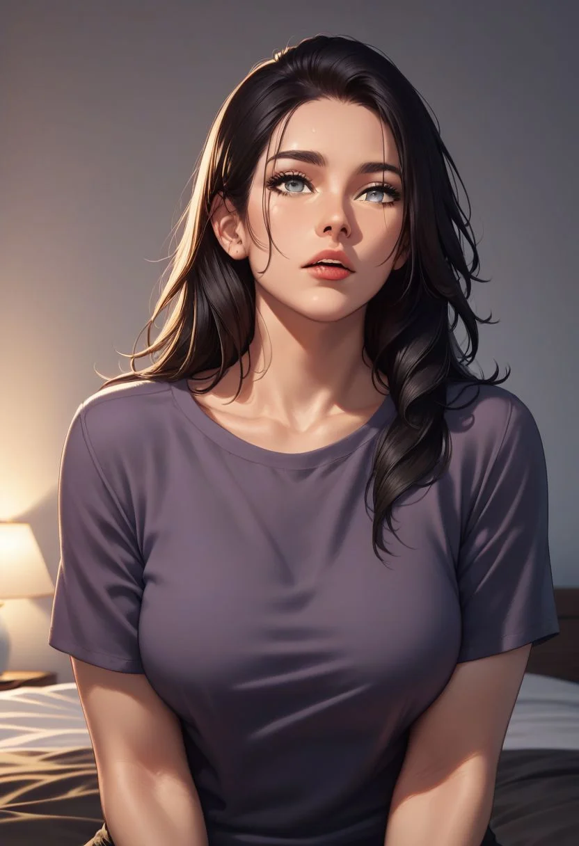 score_9, score_8_up, score_7_up, a1m333, woman, purple shirt, grey eyes , bedroom