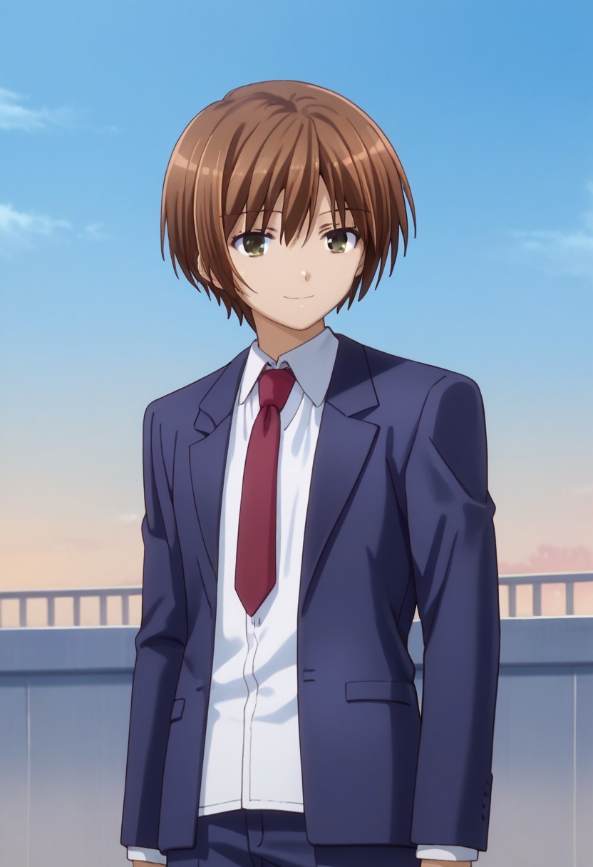 score_9, score_7_up, source_anime 
subaruhasegawa, 1boy, male focus, solo, brown eyes, brown hair, school uniform, shirt, white shirt, collared shirt, necktie, red necktie, jacket, blazer, blue jacket, pants, blue pants, smile
outdoor, sky,
