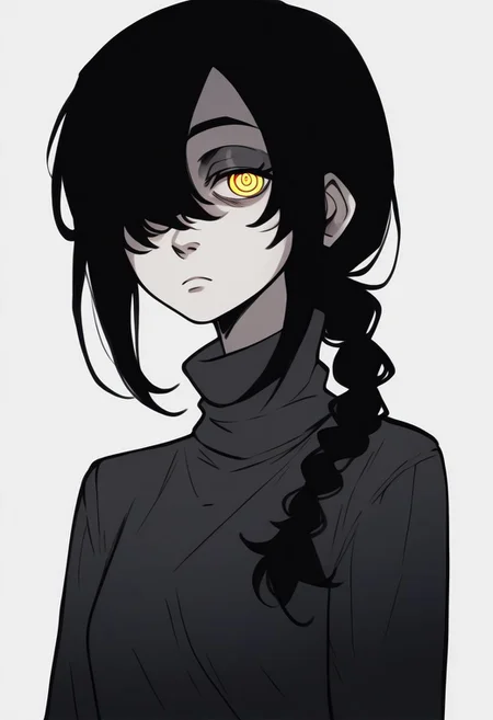 ASCII (score_9, score_8_up), score_7_up, score_6_up, score_5_up, score_4_up, Nayuta, 1girl, ringed eyes, black hair, minimalist, yellow eyes, best quality, single braid, medium hair, hair over one eye, black sweater, turtleneck sweater, expressionless, sex, looking at viewer, source_anime,
marker \(medium\),
traditional media, <lora:Smooth Anime Style LoRA XL:0.7> <lora:Nayuta_CSM_XL_Pony:1>