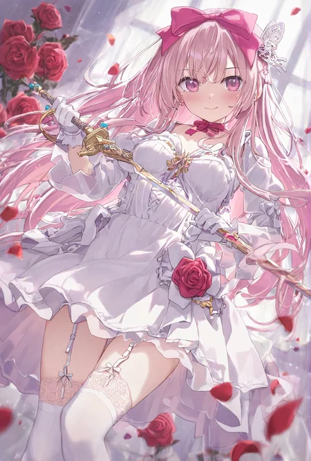 artist:konya_karasue,artist:hoji(hooooooooji1029),michiking,artist:ningen_mame,artist:kedama_milk,[[mignon]],[artist:kani_biimu],artist:ogipote,artist:sy4,noyu_(noyu23386566),1girl, solo, bow, long hair, thighhighs, hair bow, pink hair, flower, rose, weapon, holding, petals, dress, bangs, very long hair, gloves, white thighhighs, long sleeves, looking at viewer, hair ornament, holding weapon, white dress, closed mouth, pink bow, garter straps, sword, smile, pink eyes, white gloves, knife, hair between eyes, red rose, butterfly hair ornament, red flower, feet out of frame, holding sword, white bow, holding knife