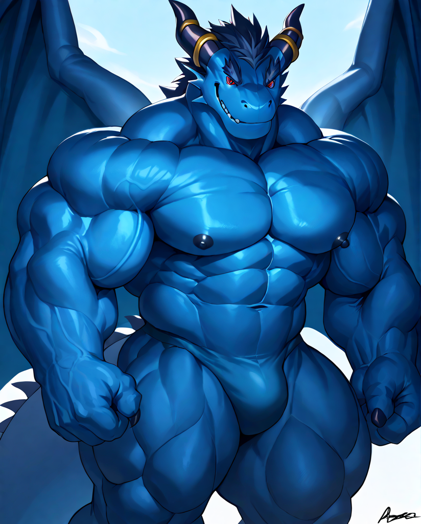 source_furry,score_9,score_8 up,score_7 up,score_6 up,male,anthro,furry,1boy,solo,blue_dragon,dragon,wings,horns,blue body,red eyes,muscles,muscular,bodybuilder,abs,pectorals,biceps,huge muscles,large muscles,hyper muscles,<lora:Blue_Dragon:0.9>,massive muscle,hyper muscular,<lora:Hyper_Mass:0.8>,