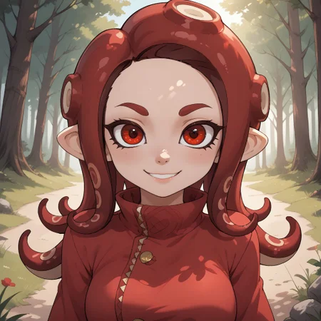 score_9, score_8, BREAK, solo, splatoon, octoling, female octoling, 1girl, tentacle hair, red hair, red eyes, cute, red eyebrows, red clothing, red pants, red shoes, breasts, Hilary_(\OC_Octoling\), sexy pose, self portrait, smile, outdoors, sunlight, shadows, evening lighting, natural lighting, forest, trees, grass, orange sky, sunset