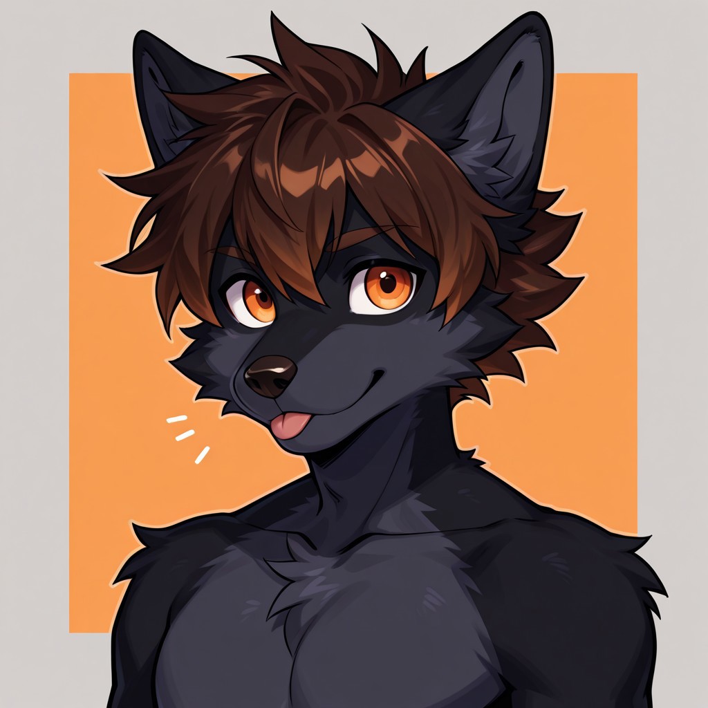 score_9_up, score_8_up, score_7_up, source_furry, (1male,solo,furry,kemono wolf,(black body,(grey breast))):1,short hair,(brown hair),(solid orange eyes color),spicky hair,black tail,ear tuft,black ears,dark grey ears tuft,(fully haired head), blep, (solid background)