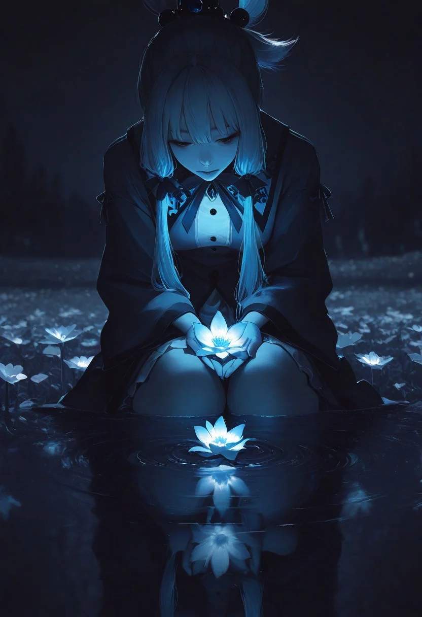 masterpiece, best quality, ultra detailed, amazing quality, very aesthetic, newest, (high res, 8k:1.2)
1girl, solo, sitting on the water, ripples, reflection,
aqua \(konosuba\), magic, blooming flowers, melancholy, delicate, fleeting, pale blue hair
<lora:illustrious_best_quality_v1:0.5>
<lora:ponyv6_noobV1_2_adamW:0.6>
<lora:DetailedEyes_V3:1>
<lora:nhl-001:0.6> nhl-001, limited palette, realistic
BREAK
photorealistic, cinematic lighting, blurred background,
night, glowing
<lora:MoriiMee_Gothic_Niji_Style_Illustrious_r1:0.7> artist:moriimee
(by wataboku:0.6)