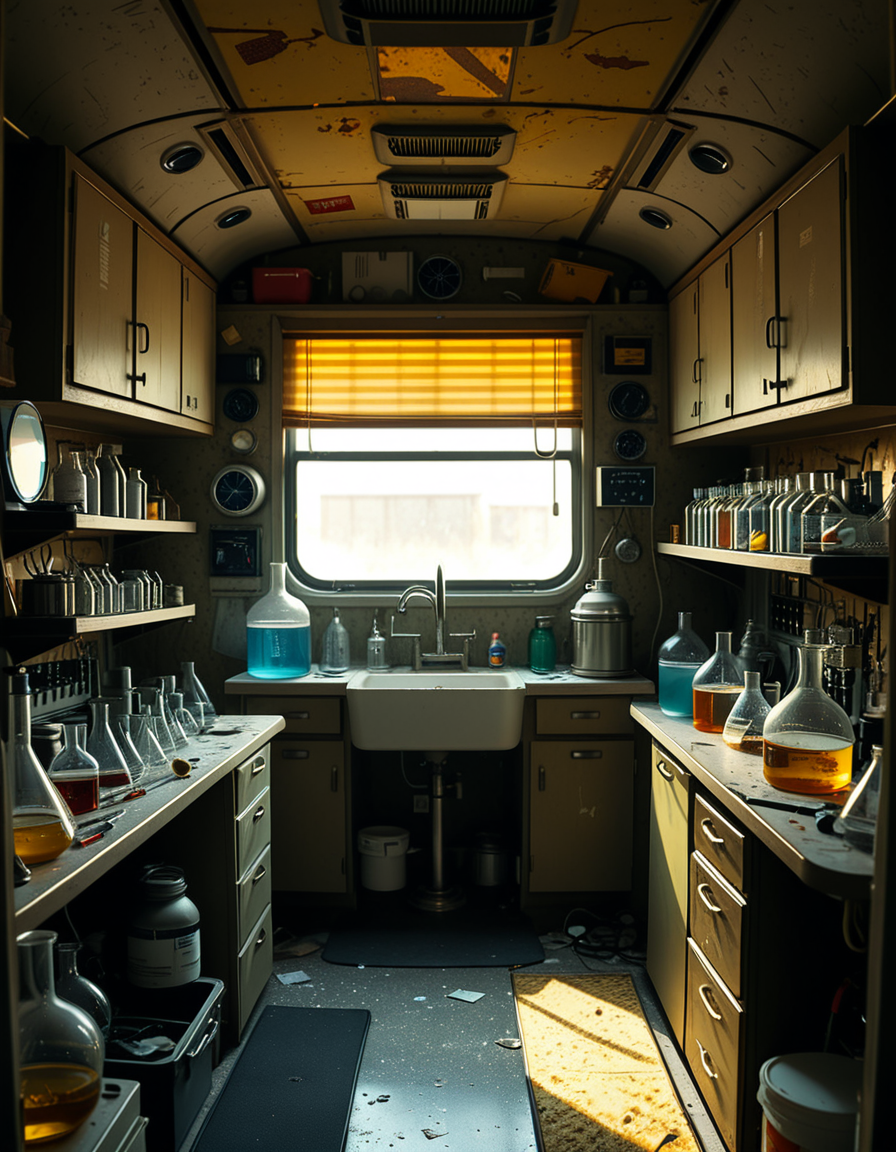 The interior of an old RV converted into a clandestine drug laboratory, inspired by the TV series Breaking Bad. The space is cramped and messy, filled with scientific equipment, glass beakers, flasks, burners, chemical containers, and lab tools scattered around. The walls are aged and stained, with peeling wallpaper and old metallic cabinets. A small sink area is cluttered with dirty lab glassware. The lighting is dim and tinted yellow, with sunlight barely filtering through dusty blinds. The floor is grimy, with a mix of rubber mats and worn carpet. The overall atmosphere is tense and gritty, capturing a sense of secrecy and danger. Hyper-realistic style, cinematic composition, rich in textures and shadows.
<lora:SDXLFaeTastic2400:0.4> <lora:extremely_detailed:0.4> extremely detailed,<lora:old_RV_drug_l4b0r4t0ry:1>,old RV drug l4b0r4t0ry, Masterpiece,best quality,hi res,8k,hi res,8k,award winning,(sharp focus, intricate, highly detailed),