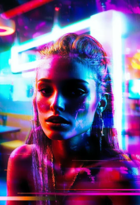 Glitched avant-garde photo depicting a young bulgarian woman, in a theme-cafe setting with digital lighting. The portrait shot's focal point is on the woman's face, giving only a glimpse of her bare shoulders and defined collarbones, accentuated by jewelry. Her close-set amber eyes are pronounced by black mascara complemented by long false lashes in a goth style, while her heart-shaped lips feature matte red lipstick. She wears her platinum blonde hair in a high, twintails style, with dark roots. Her expression appears surprised and happy, her head slightly tilted to the side, gazing into the distance with a smile, emphasizing the nostalgic tone of the image. She is wearing silver ear-cuff earrings combined with a pendant necklace. Set inside a whimsical scifi-cafe with retro-gaming furniture illuminated by hovering holographic light sources in a wireframe design pronouncing the futuristic theme. Strong chromatic aberration and rectangular displacement glitches distort the corrupt image aesthetically. <lora:flux_Glitch_Art_V2> <lora:flux_Glitchcore_Flux> <lora:flux_skinny_slider> <lora:flux_Retro_glitch> <lora:flux_lora_flux_dachinfix> <lora:flux_willowwisdom>