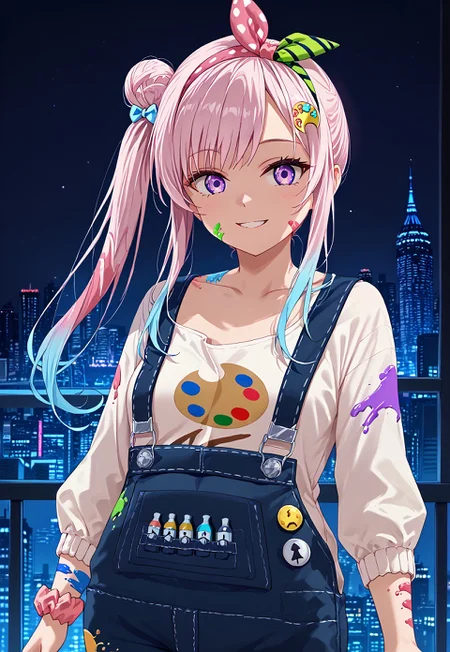1girl, solo, solo focus, highres, absurdres, Iofi1st, long hair, pink hair, overalls, side ponytail, paint splatter, purple eyes, shirt, hair bun, white shirt, multicolored hair, hairband, bangs, paint splatter on face, gradient hair, blue hair, collarbone, single hair bun, single side bun, hair ornament, wrist scrunchie, long sleeves, blue overalls, badge,
looking at viewer, smile,
cityscape, neon lights, night, night sky, backlighting, silhouette,