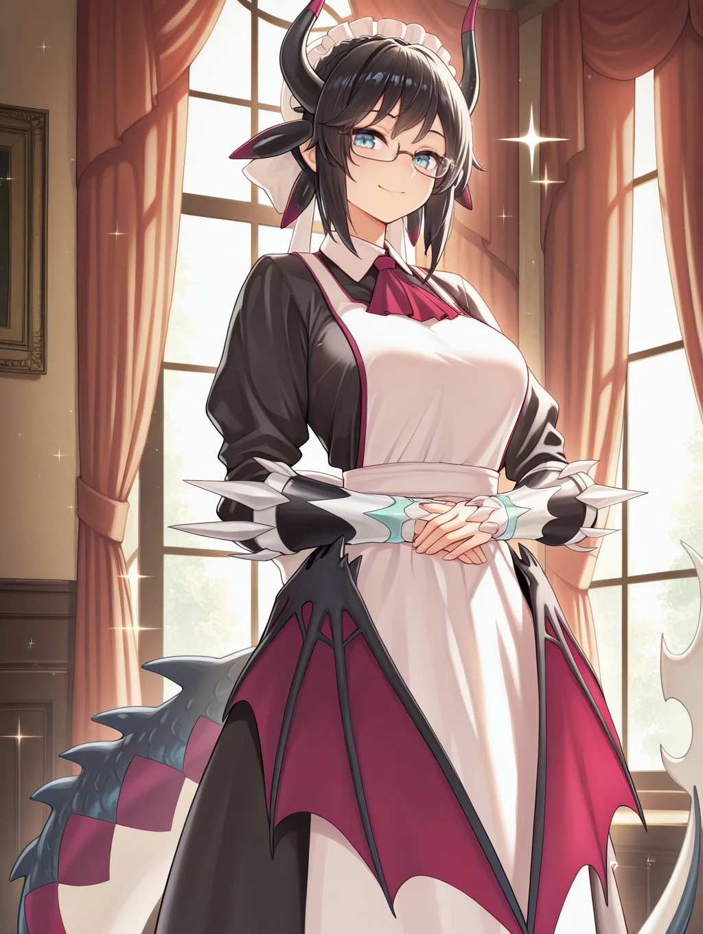house dragonmaid,1girl,curtains,black under-rim eyewear,black maid dress,solo,window,looking at viewer,red ascot,dragon wings,indoors,smile,own hands together,sparkle,standing,silver vambraces,white mob cap,
masterpiece,best quality,amazing quality,very aesthetic,absurdres,newest,<lora:House dragonmaid illuXL v1:0.75>,