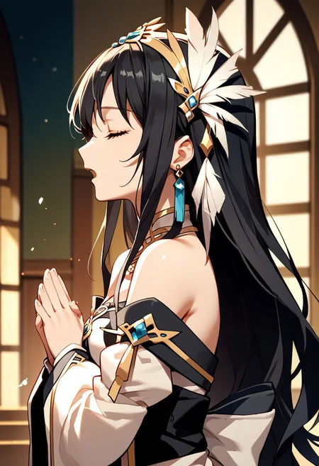 score_9,score_8_up,score_7_up,source_anime, Charlotte Eristein,1girl,solo,open mouth,black hair,hair ornament,jewelry,bare shoulders,upper body,closed eyes,earrings,detached sleeves,from side,profile,own hands together,feather hair ornament,own hands clasped,praying,