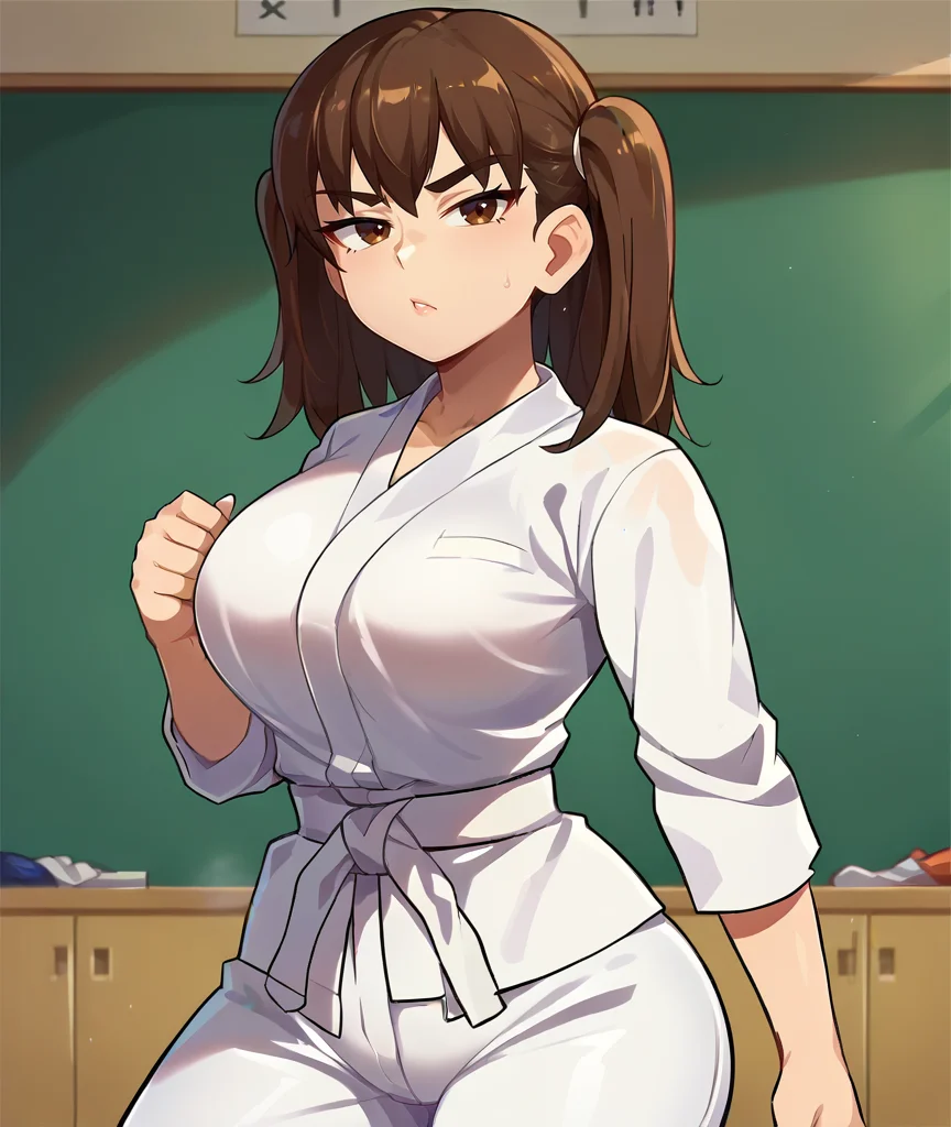 score_9,score_8_up,score_7_up,detailed background,school gym,
female focus,1girl,<lora:Shikki:0.8>,shikki,brown hair,brown eyes,large breasts,big butt,(twintails:0.8),medium hair,bangs,(thick eyebrows:0.5),serious,looking at viewer,white gi,karate gi,white belt,white pants,<lora:Jcm2_Style:0.7>,
