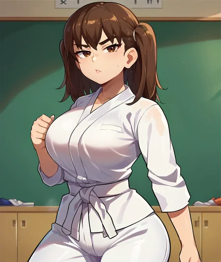 score_9,score_8_up,score_7_up,detailed background,school gym,
female focus,1girl,<lora:Shikki:0.8>,shikki,brown hair,brown eyes,large breasts,big butt,(twintails:0.8),medium hair,bangs,(thick eyebrows:0.5),serious,looking at viewer,white gi,karate gi,white belt,white pants,<lora:Jcm2_Style:0.7>,
