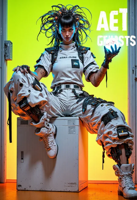 A highly detailed hyper-realistic digital illustration in cyberpunk aesthetics, featuring a woman with light brown skin and striking blue lips. Her bowl cut hairstyle is sharply trimmed on the sides, adding to her futuristic look. She wears an avant-garde cyberpunk headdress, a sculptural creation of intertwining metallic wires and glowing LED strips that pulse with ethereal light, blending organic and mechanical elements. Her outfit includes a military-inspired oversized full-sleeve t-shirt, layered beneath a white oversized synthetic coverall equipped with numerous pockets, black straps, and a high-tech gadget belt. High-waist trousers complement her bold style, while her white sneaker boots are accented with electric blue, glowing vibrantly, adding an electric pop. She sits confidently on a washing machine, facing the viewer in a poised yet dynamic pose. Her hands are gloved in sleek black material, and her left hand holds an iridescent orb, shimmering with light-reflecting properties. The floor beneath her glows orange, contrasting with the lime green background, creating a vivid, futuristic atmosphere. Every detail is in sharp focus, from the textures of her clothing to the gleaming orb, blending realism and cyberpunk fantasy. (anime, cyberpunk, mythp0rt)
