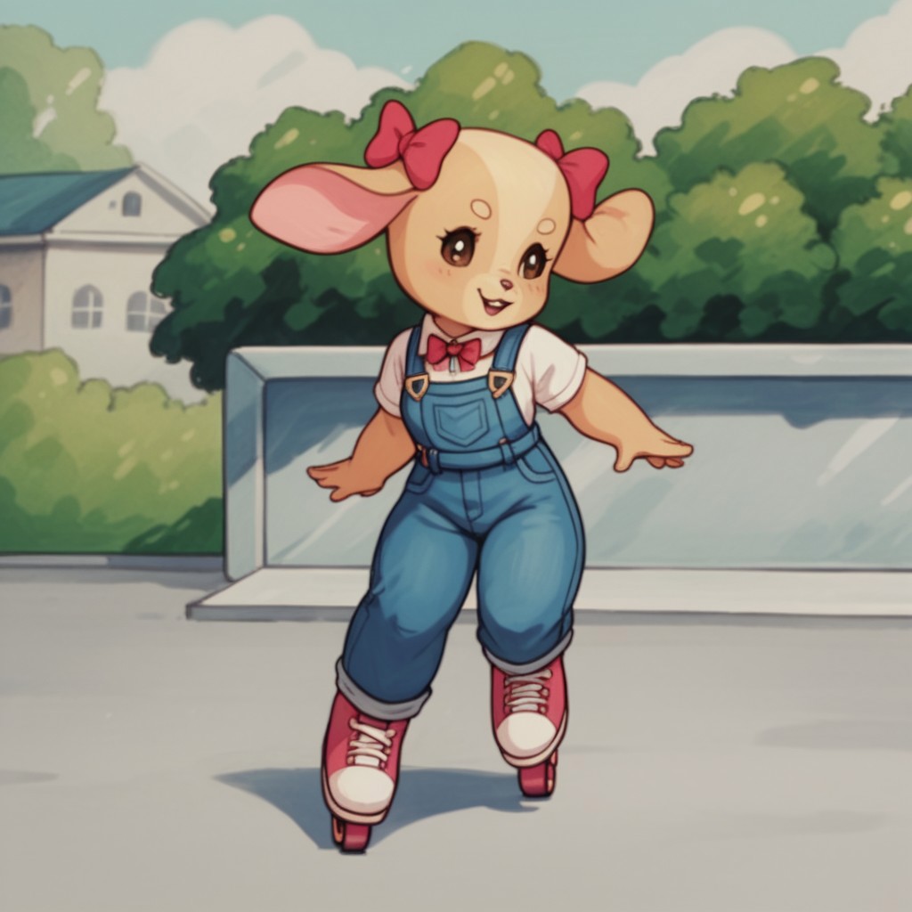 score_9, score_8_up, score_7_up, score_6_up, score_5_up, score_4_up, source_furry, RolleyCocker, anthro, female, dog, tan fur, long ears, pink ear bows, overalls, skating, in a park