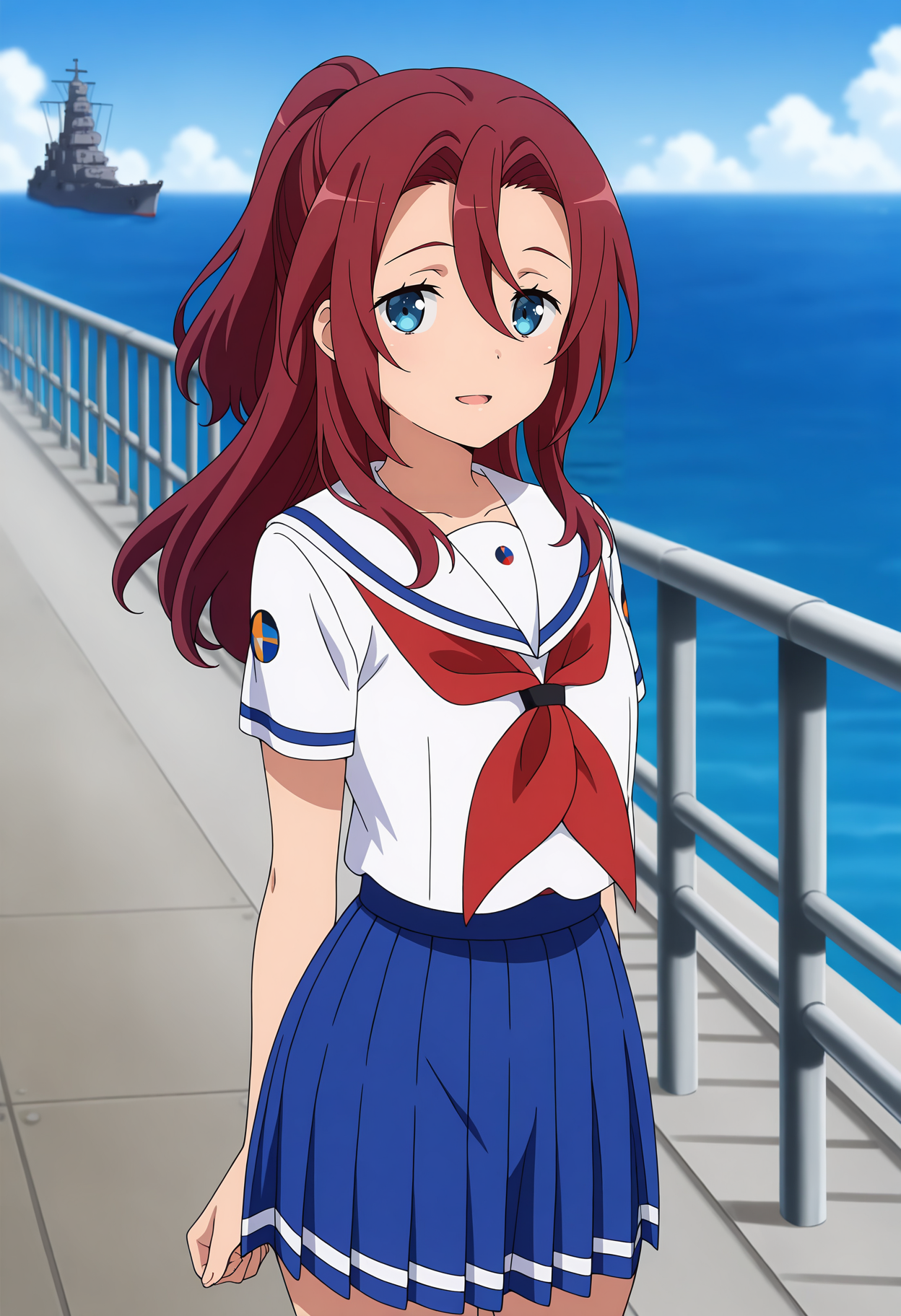 anime screencap, masterpiece, best quality,
<lora:HighSchoolFleet_MatsunagaRitsuko_IlluXL:0.9>,
1girl, solo, open mouth, light smile,
long hair, ponytail, hair between eyes, red hair, blue eyes,
white sailor collar, white shirt, red neckerchief, short sleeves, pleated skirt, blue skirt,
standing, looking at viewer, cowboy shot,
horizon, dock, outdoors, battleship, warship, blue sky, blurry background