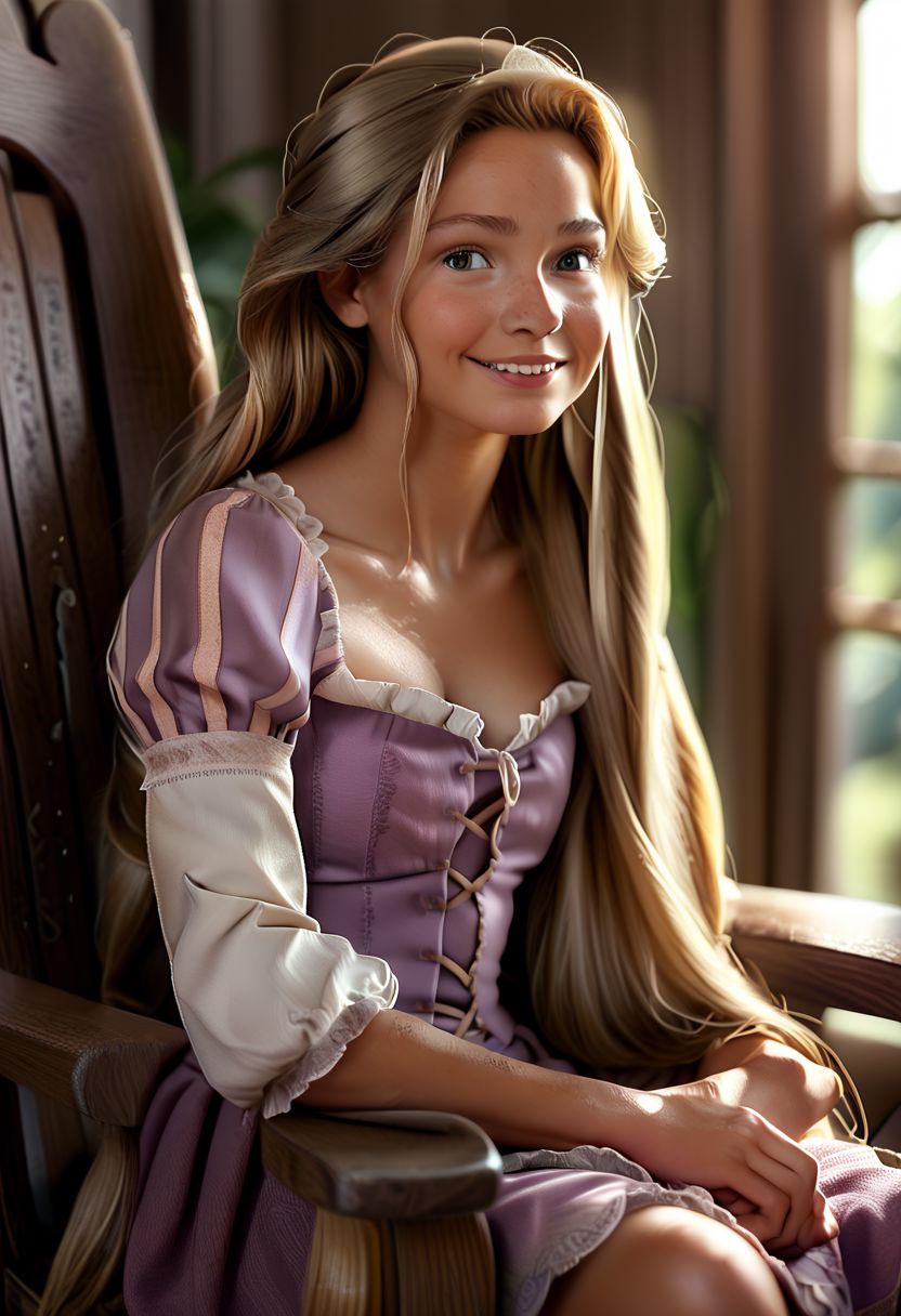 Score_9,  score_8_up,  score_7_up,    Rapunzel, 1girl, realistic, sitting on a large wooden chair