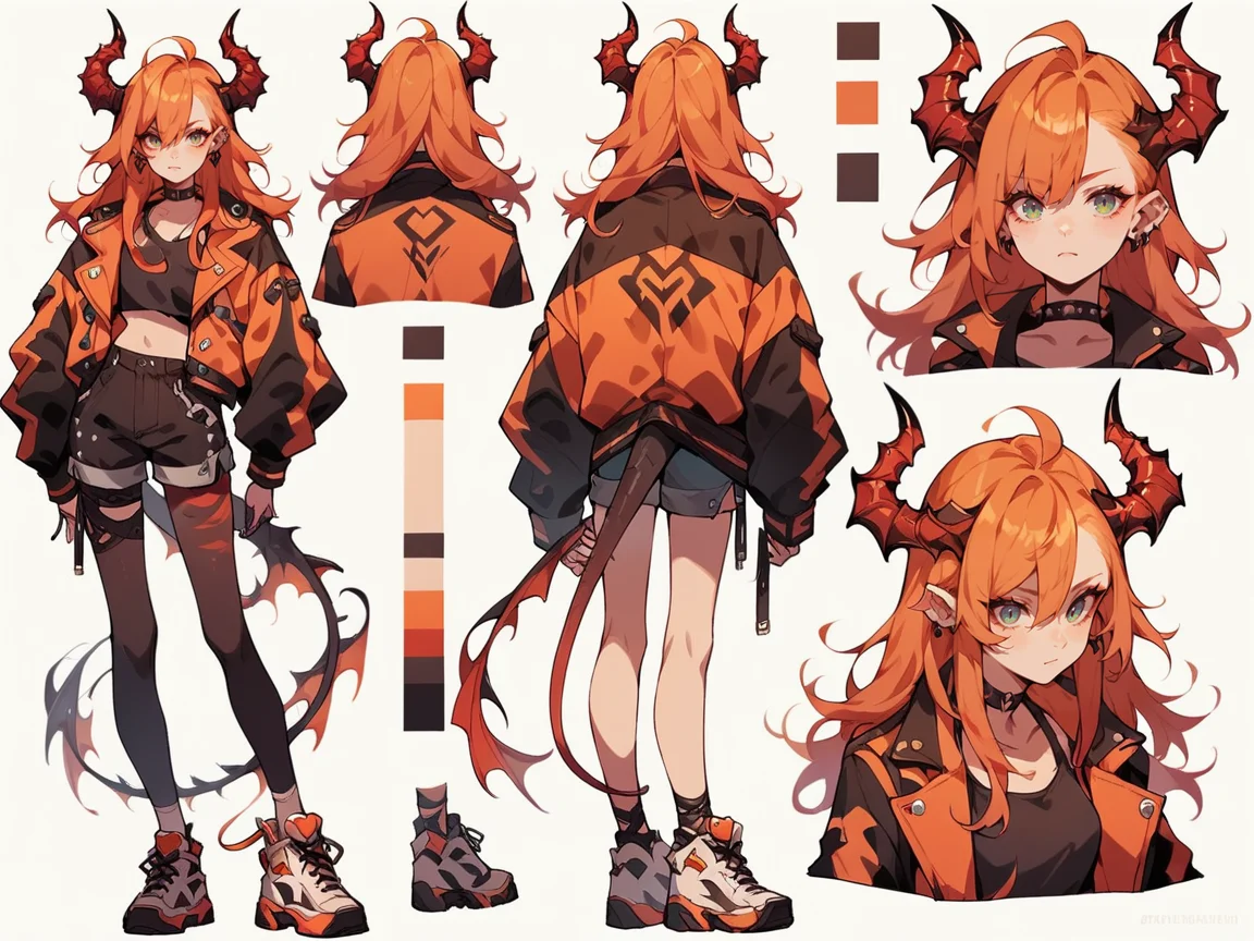 score_9, score_8_up, score_7_up, score_6_up, <lora:cut3ch4rXLP:0.8> cut3ch4r, 1girl, multiple views, jacket, long hair, horns, white background, ginger hair