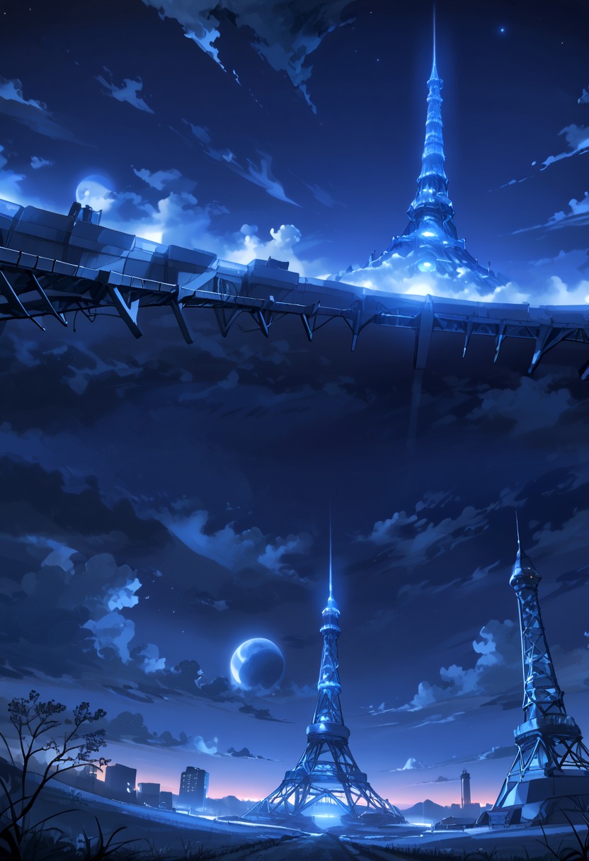 xartretrodeco, transmission tower, scenery, cloud, sky, star (sky), night, no humans, night sky, xartretrodeco, scenery, cloud, sky, star (sky), night, no humans, night sky, outdoors, starry sky, cloudy sky, blue theme, fantasy, building, glowing, dark, moon, xartretrodeco, scenery, cloud, sky, score_9, scenery, cloud, sky, star (sky), night, no humans, night sky, outdoors, starry sky, cloudy sky, blue theme, fantasy, building, glowing, dark, moon, city, tower, city lights, tree, grass, cityscape, bridge, power lines  <lora:xartretrodeco:0.47> <lora:xartretrodeco_r1:1.4>  <lora:marinella-anime-000012:-0.54>