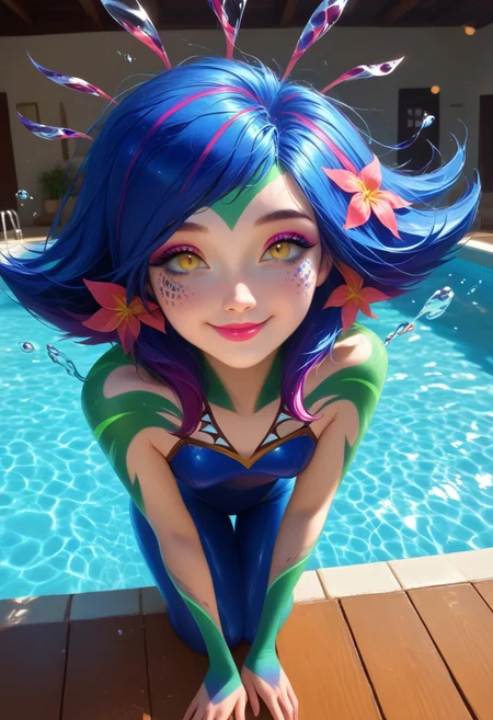 solo, realistic, best quality, photorealistic, masterpiece, 8k, high res, solo, extremely detailed face, (professional lighting, bokeh), (light particles, lens flare, glowing particles:0.6), (dynamic pose:1.2), soft lighting, fashionable and trendy atmosphere, japan, tokyo, (swimming pool), ((daytime)), sky, ((looking at viewer)), gorgeous, keep original facial proportion, wide shoulder, full body, (medium breast), (medium hair), floating hair, lips, lipstick, seductive smile, floating hair, smile, closed mouth, eyelashes, mature body, water splashing, neeko, multicolored hair, colored skin, facial mark, forehead mark, hair ornament, half-closed eyes, eyeshadow, eyelashes, eyeliner, makeup, young face, adult, full body, ((kneelengthmizugi, blue latex)), standing