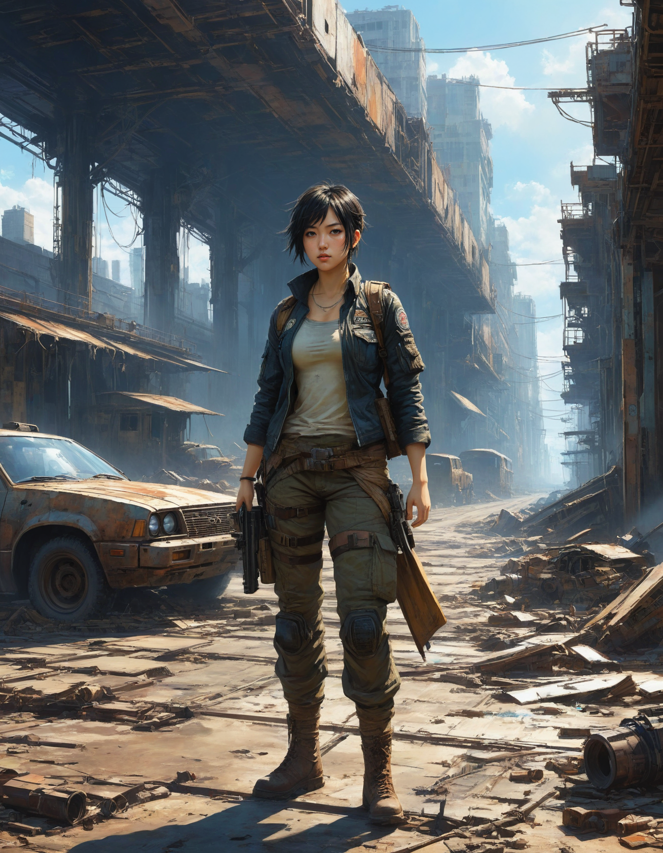 by Gerald Brom and Makoto Shinkai,  postapocalyptic theme, a post-apocalyptic world where technology is banned , hyper detailed, professional poster art, bold lines, award winning,  trending on ArtStation , (intricate details, masterpiece, best quality:1.4), looking at viewer, dynamic pose
<lora:add-detail-xl:1> <lora:xl_more_art-full_v1:0.5>  <lora:NicolaSamori:0.5> in the style of nicola samori <lora:looking_at_viewer:2>