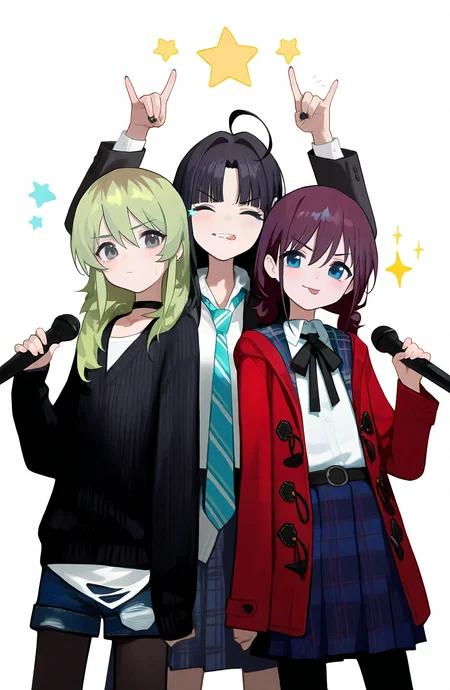 long_hair, looking_at_viewer, smile, blue_eyes, simple_background, shirt, skirt, multiple_girls, brown_hair, black_hair, long_sleeves, white_background, holding, ribbon, closed_mouth, twintails, jacket, school_uniform, white_shirt, closed_eyes, ahoge, pantyhose, pleated_skirt, necktie, shorts, collared_shirt, choker, tongue, tongue_out, 3girls, star_\(symbol\), coat, sweater, blue_skirt, black_pantyhose, grey_eyes, plaid, black_ribbon, black_choker, low_twintails, plaid_skirt, denim, red_jacket, microphone, blue_shorts, denim_shorts, shirt_tucked_in, black_sweater, holding_microphone, \m/