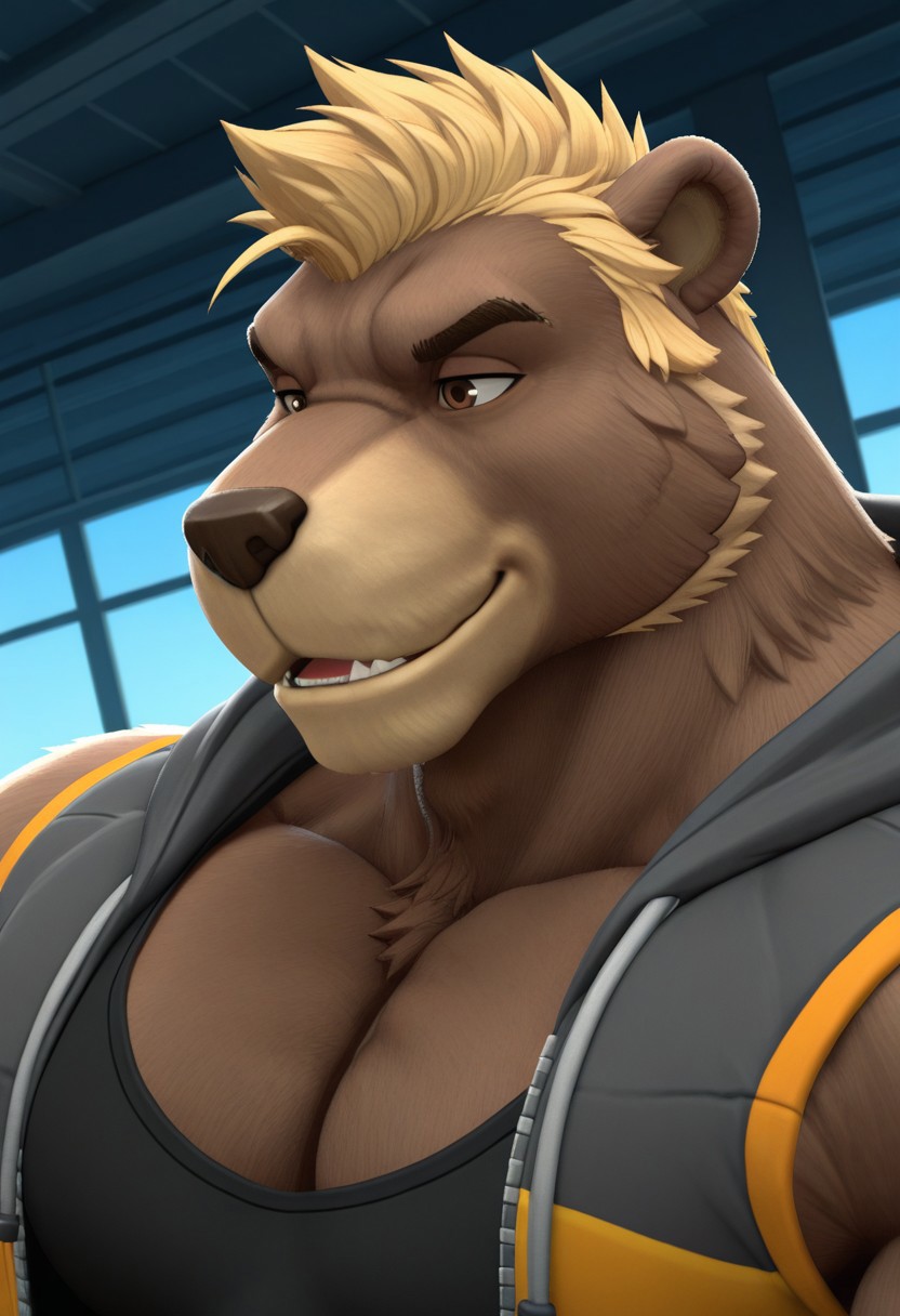 <lora:RonHOBv2:1>, Ron_(HouseofBeef), solo, bear, brown fur, blond hair, smile, furry, brown eyes, muscular, manly, mature, large pectorals, face focus, portrait, dutch angle, black tank top, sleeveless hoodie, open jacket, BREAK masterpiece, best quality, amazing quality, very aesthetic, high resolution, 4K, extremely-detailed, depth of field, separate focus, newest, scenery, detailed fur, detailed muscles, cinematic lighting, soft shading