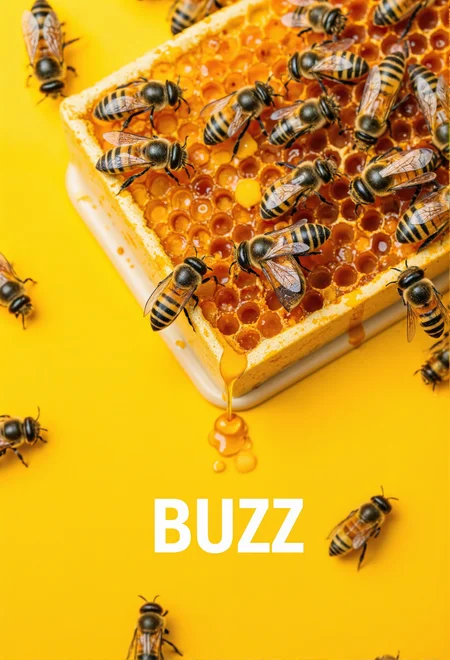 Honeycomb with bees and dripping honey, text "Buzz" Etiquetas: honeycomb, bees, dripping honey, honey, beekeeping, nature, honey production, sweet food, bee colony, honey texture, food photography, golden honey, fresh honey, natural sweetener, honeycomb close-up, beekeeping industry, honey word, yellow background, organic honey, nature's sweetness