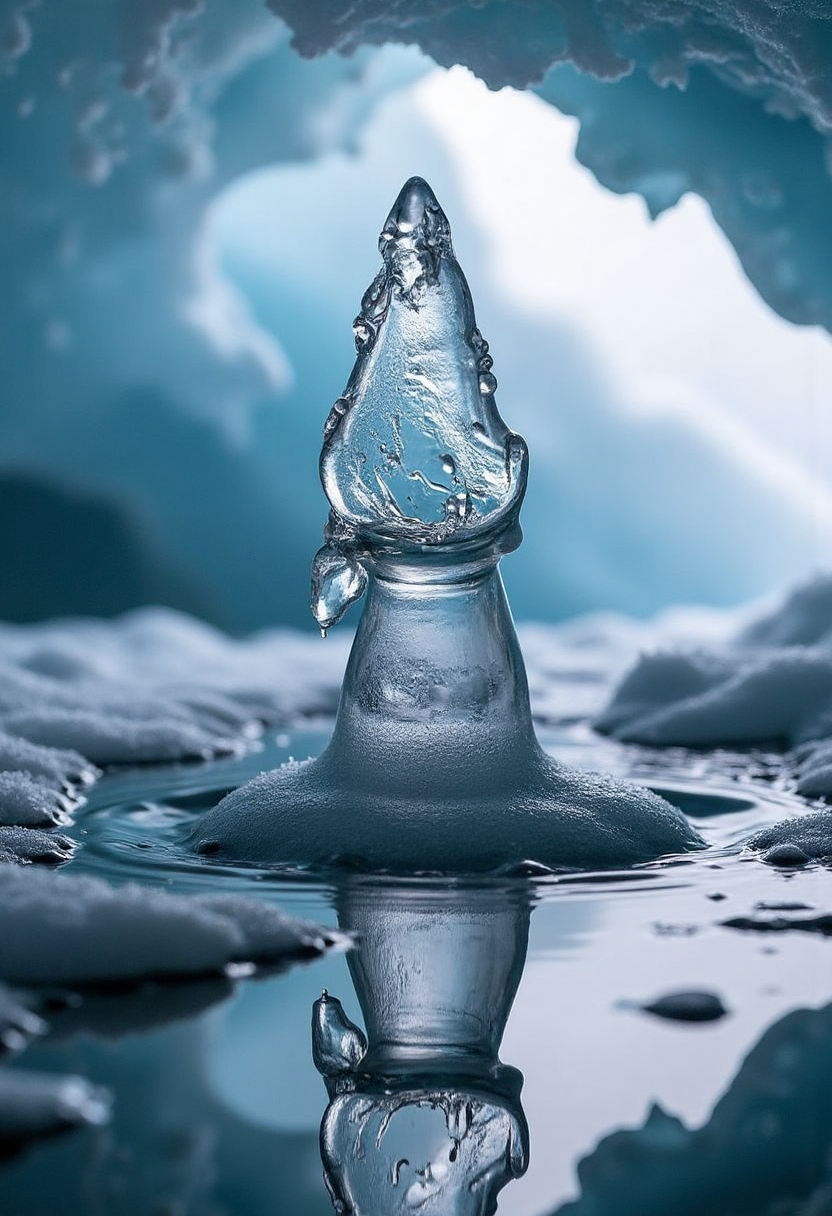 In the shape and style of a yfg-dr0p water drop splash photo of a , A weird fluffy ice creature in a beautiful ice cave, it is snowing, light roams through the cave and creates reflections in the snow.
