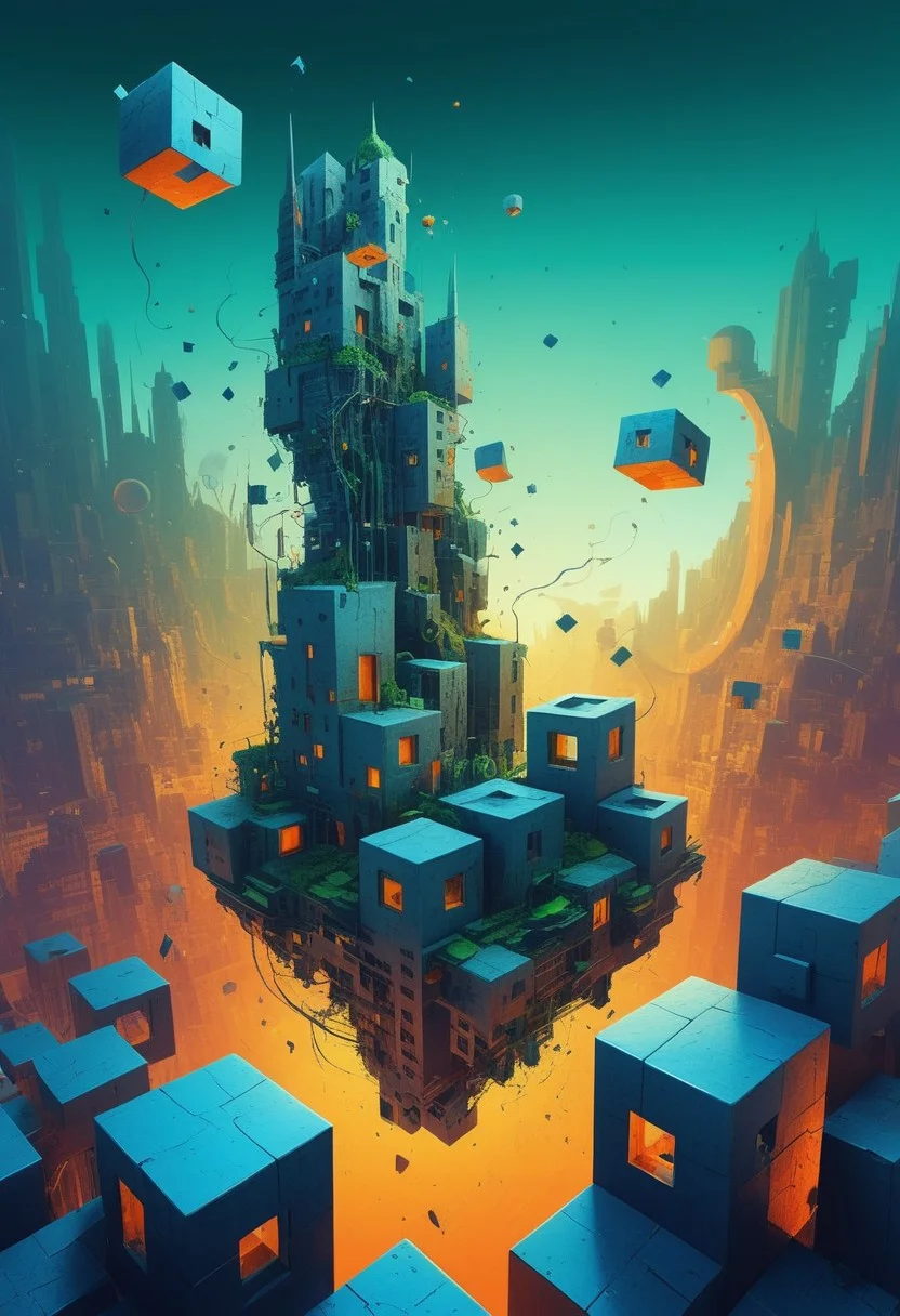 Create an image in a highly abstract, surreal art style. The scene should depict a cityscape with buildings that twist and bend like liquid, blending into the sky in unusual, vibrant colors such as electric blues, neon greens, and bright oranges. Floating geometric shapes and fragmented elements like cubes, spirals, and shards of glass should hover in the air, defying gravity. The lighting should be dreamlike, casting long, strange shadows and glowing in unexpected places. The overall mood should be otherworldly, evoking a sense of distorted reality and a whimsical, futuristic atmosphere
