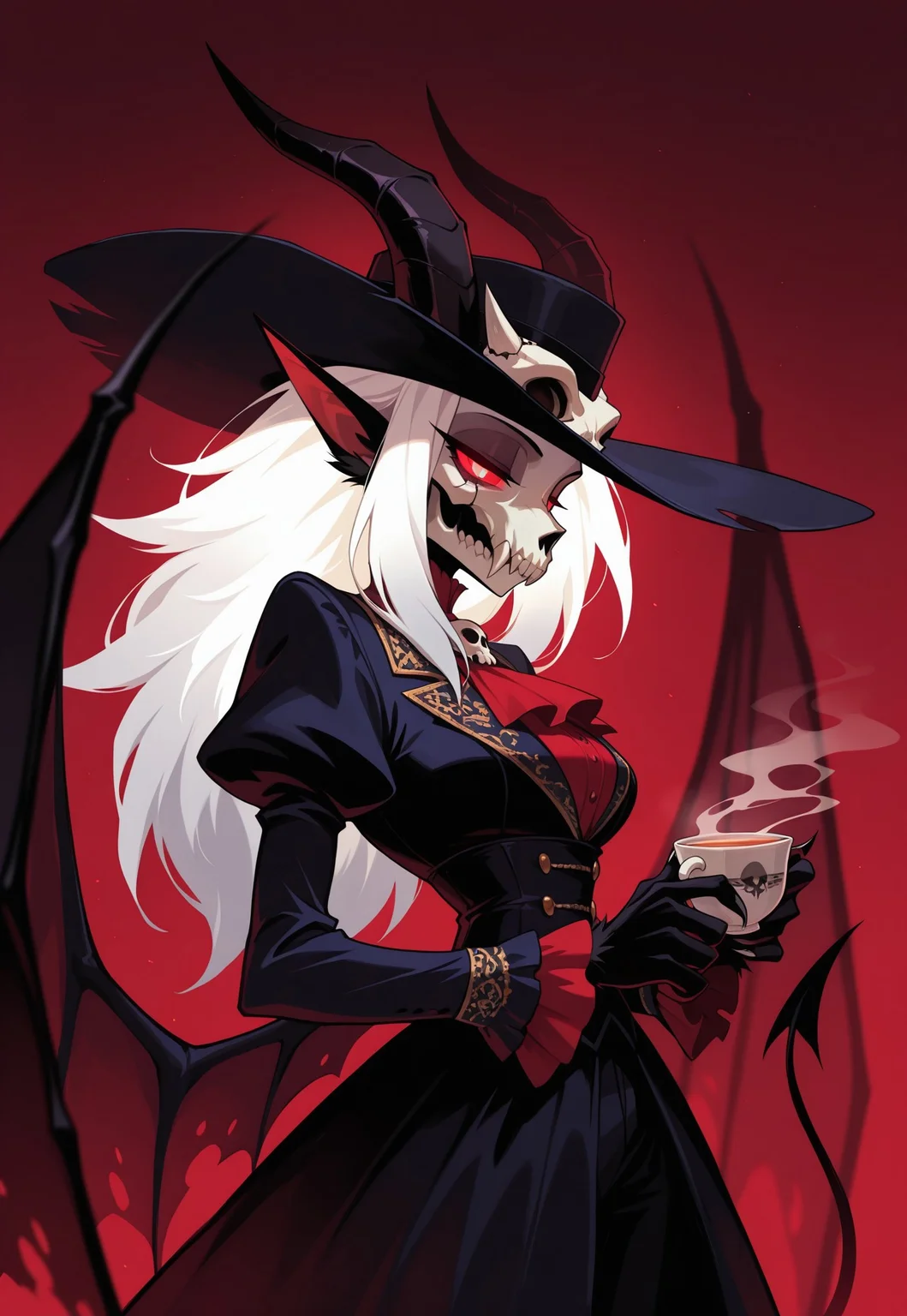 from side, 1girl, demon, body fur, skull mask, silver hair, half-closed eyes, glowing hair, glowing eyes, horns, pointy ears, long hair, claws, demon wings, Victorian-style attire, wide-brim hat, holding cup, tea, steam, masterpiece, best quality, amazing quality, 4K resolution, absurdres, ultra-detailed, sharp details, natural light, soft shadows, medium contrast, crisp edges, sharp focus, depth of field, HB-Illu
