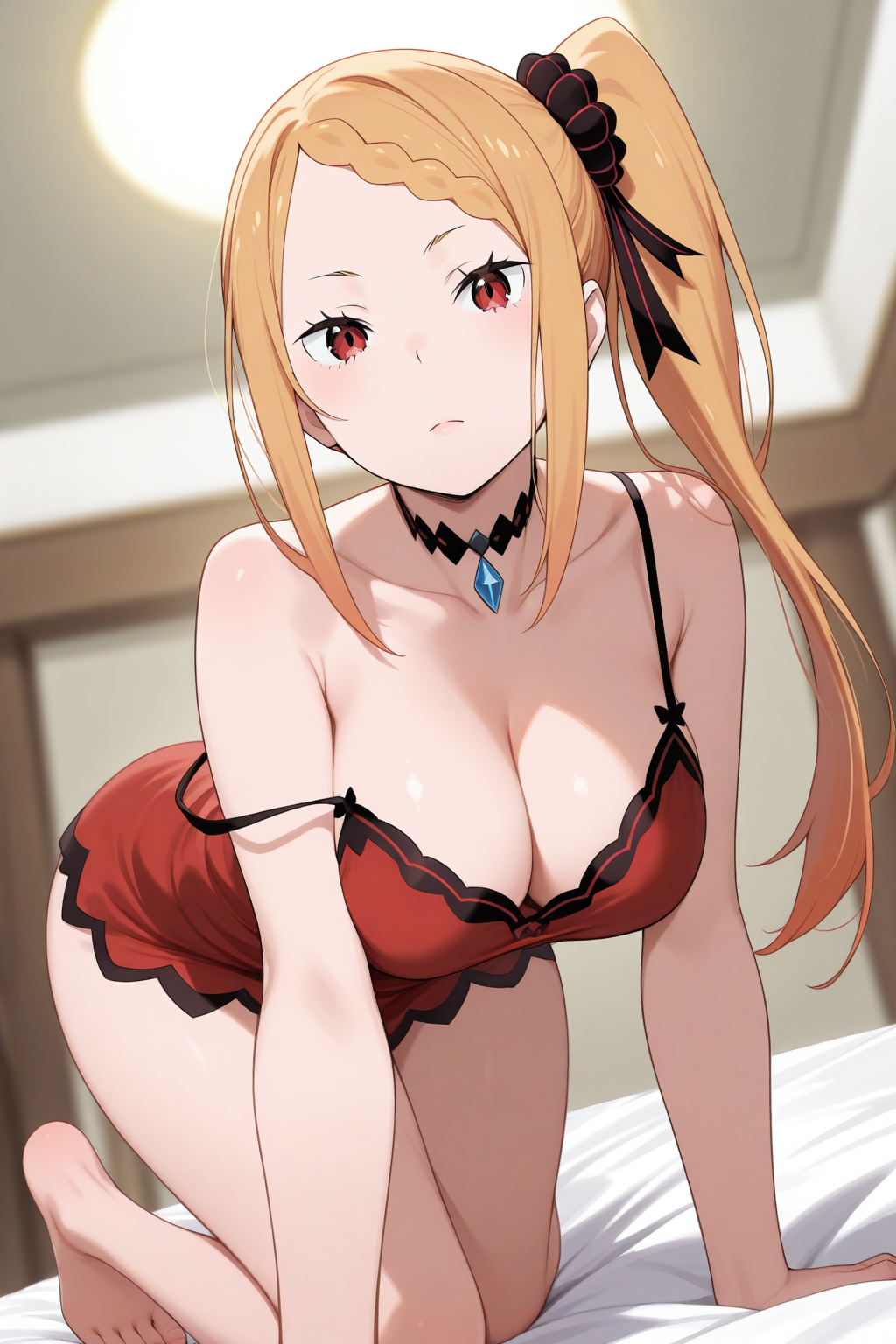 1girl, priscilla barielle, re:zero kara hajimeru isekai seikatsu, bare shoulders, barefoot, bed, bed sheet, black choker, blonde hair, blurry, breasts, camisole, choker, cleavage, collarbone, depth of field, feet, feet out of frame, from below, hair ornament, hair scrunchie, large breasts, looking at viewer, on bed, orange hair, ponytail, red camisole, scrunchie, side ponytail, sidelocks, solo, strap slip, thighs, masterpiece, best quality, absurdres