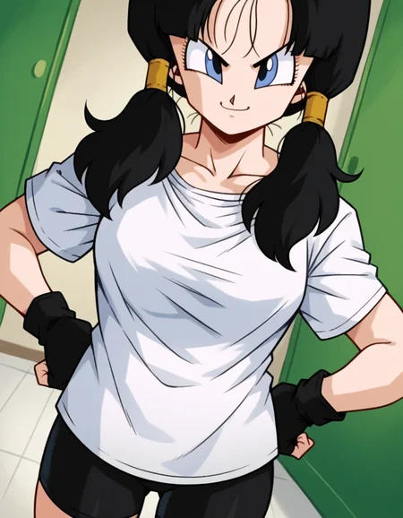 score_9, score_8_up, score_7_up, source_anime, <lora:dbz-videl-anime-ponyxl-lora-nochekaiser:1>, videl, black hair, blue eyes, eyelashes, parted bangs, twintails, medium breasts,, bike shorts, black gloves, black legwear, collarbone, fingerless gloves, gloves, shirt, short sleeves, white shirt,, indoors, smug, hands on hips,, smile, looking at viewer, solo,, cowboy shot, dutch angle
