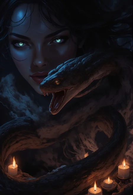 ComicLady Style, Illustration, Beauty,
Close-up, We are presented with a dimly lit mystical realm where the eyes of a snake charmer glow amidst eerie shadows and flickering candlelight. On camera is a snake with its mouth open, and in the background is a beautiful woman. Film grain adds sharpness to this award-winning masterpiece.