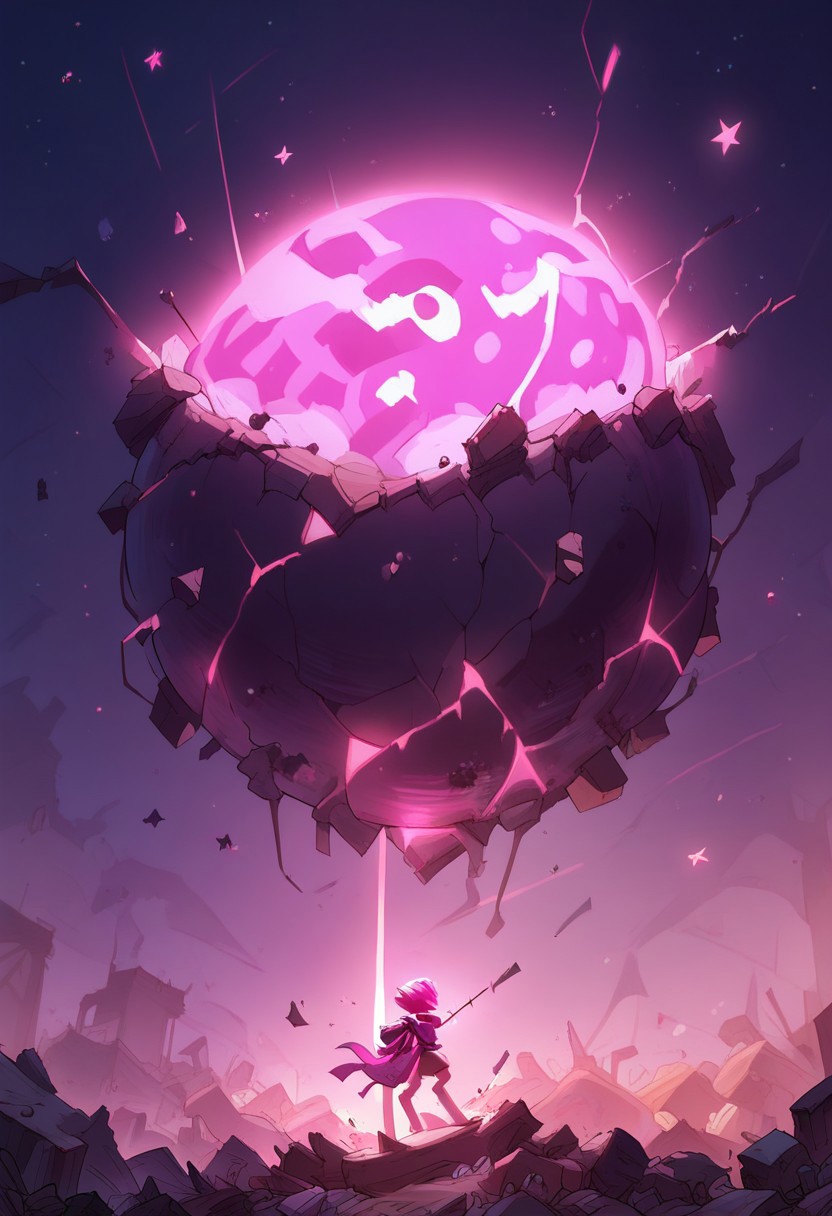 score_9, score_8_up, score_7_up, (((night time, pink lighting)), (dark airfield), giant mech, glowing eyes, (standing), (rubble, falling stars), (depth of field)